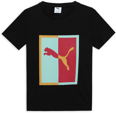 PUMA Boys Graphic Print Cotton Blend Regular T Shirt(Black, Pack of 1)