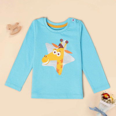BabiesRus Baby Girls Printed Pure Cotton Regular T Shirt(Blue, Pack of 1)