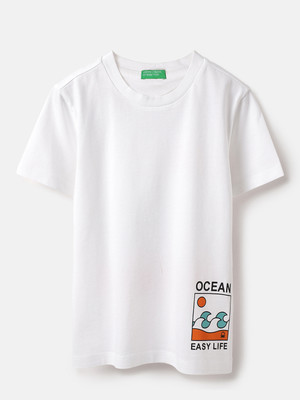United Colors of Benetton Baby Boys Printed Pure Cotton Regular T Shirt(White, Pack of 1)