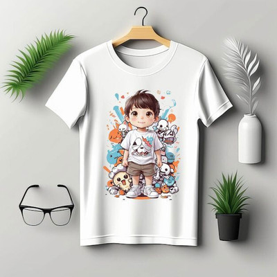KPPrintofashion Boys Printed Cotton Blend Regular T Shirt(White, Pack of 1)