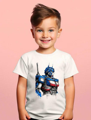 YI FASHION Boys Printed Polyester Regular T Shirt(White, Pack of 1)