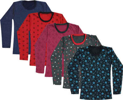 KAVYA Girls Printed Wool Blend Regular T Shirt(Multicolor, Pack of 5)