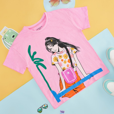 Pantaloons Junior Girls Printed Pure Cotton Regular T Shirt(Pink, Pack of 1)