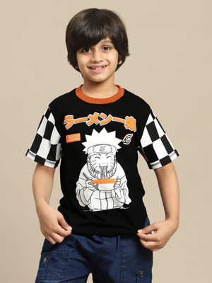 kidsville Boys Printed Pure Cotton Regular T Shirt(Black, Pack of 1)
