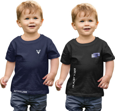 ELEGORY Boys Printed Cotton Blend Regular T Shirt(Blue, Black, Pack of 2)