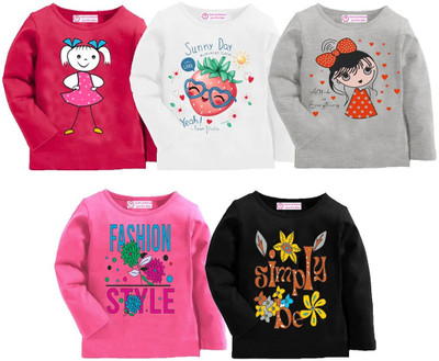 CRT Enterprises Girls Printed Cotton Blend Regular T Shirt(Multicolor, Pack of 5)