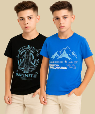 RASPY Boys Graphic Print Pure Cotton Regular T Shirt(Multicolor, Pack of 2)