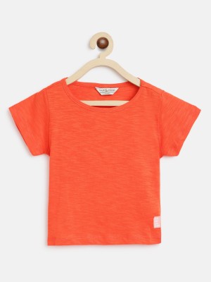 TALES & STORIES Baby Girls Solid Pure Cotton T Shirt(Orange, Pack of 1)