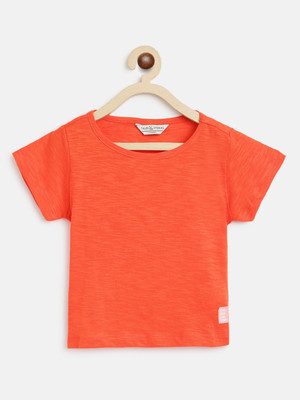 TALES & STORIES Baby Girls Solid Pure Cotton Regular T Shirt(Orange, Pack of 1)