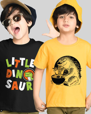 AUSK Boys Printed Cotton Blend Regular T Shirt(Yellow, Black, Pack of 2)