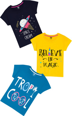 Buy That Trendz Girls Graphic Print Pure Cotton Regular T Shirt(Blue, Pack of 3)