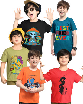 Kiddy Viddy Boys Graphic Print Cotton Blend Regular T Shirt(Dark Blue, Orange, Pack of 5)