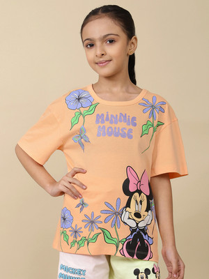 kidsville Girls Printed Pure Cotton Oversized T Shirt(Multicolor, Pack of 1)