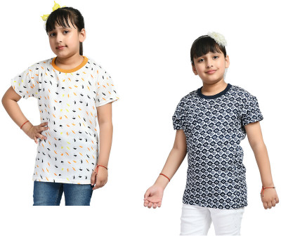 KAVYA Girls Printed Polycotton Regular T Shirt(Multicolor, Pack of 2)