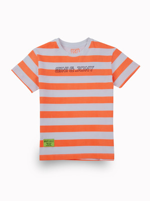 GINI & JONY Boys Striped Cotton Blend Regular T Shirt(Orange, Pack of 1)