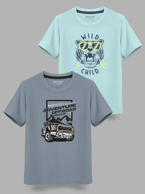 Hellcat Boys Printed Cotton Blend Regular T Shirt(Green, Pack of 2)