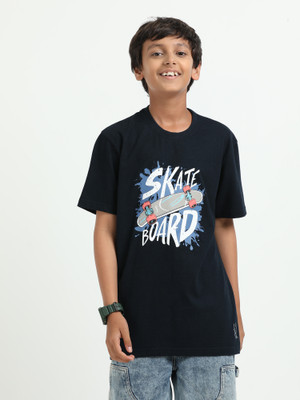 estuna Boys Printed Pure Cotton Regular T Shirt(Dark Blue, Pack of 1)
