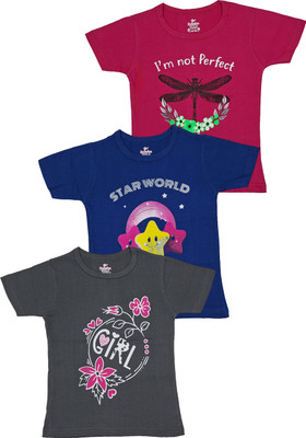JEEV Girls Printed Pure Cotton Regular T Shirt(Maroon, Pack of 3)
