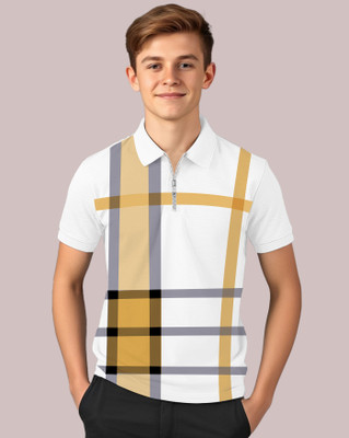AUSK Boys Checkered Cotton Blend Regular T Shirt(Yellow, White, Pack of 1)