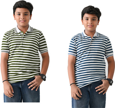 IndiWeaves Boys Striped Pure Cotton Regular T Shirt(Light Green, Brown, Pack of 2)