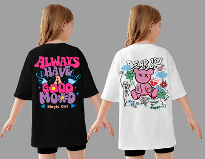 KEESOR Girls Printed Cotton Blend Oversized T Shirt(Multicolor, Pack of 2)