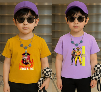 Lecowar Boys Graphic Print Polyester Regular T Shirt(Yellow, Purple, Pack of 2)