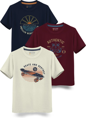 Hellcat Boys Printed Cotton Blend Regular T Shirt(Beige, Pack of 3)