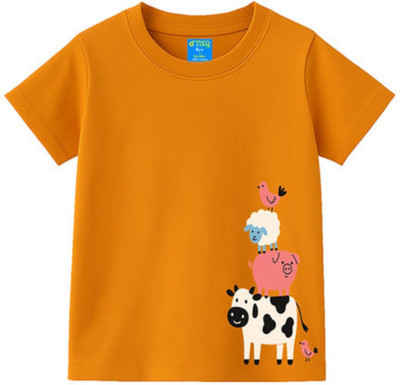 TIKQ Baby Boys Printed Pure Cotton Regular T Shirt(Orange, Pack of 1)