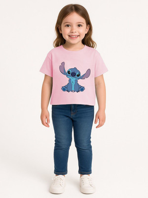 YK Disney Girls Printed Pure Cotton Regular T Shirt(Pink, Pack of 1)