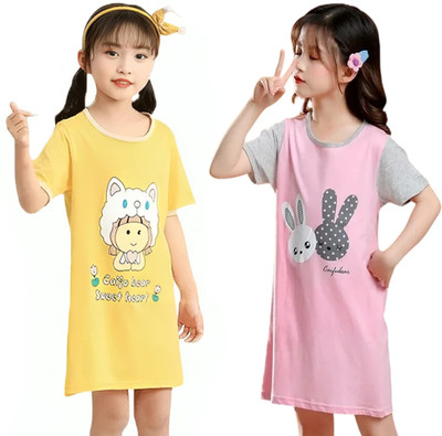 HDKFASHION Girls Printed Cotton Blend Regular T Shirt(Multicolor, Pack of 2)