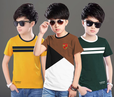 tarsier Boys Printed Pure Cotton Regular T Shirt(Multicolor, Pack of 3)