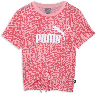 PUMA Girls Printed Pure Cotton Regular T Shirt(Pink, Pack of 1)