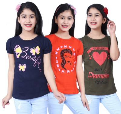 INDIA FASHION FAB Girls Printed Cotton Blend Regular T Shirt(Multicolor, Pack of 3)