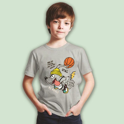 Paryag Boys & Girls Printed Cotton Blend Regular T Shirt(Grey, Pack of 1)