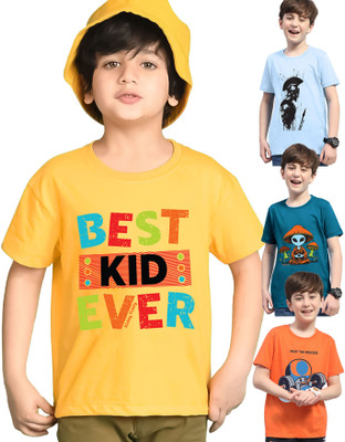 Kiddy Viddy Boys Printed Cotton Blend Regular T Shirt(Dark Blue, Orange, Pack of 4)