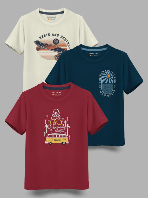 Hellcat Boys Printed Cotton Blend Regular T Shirt(Multicolor, Pack of 3)