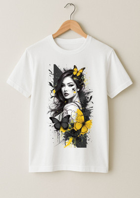 SNIFFY Girls Printed Cotton Blend Regular T Shirt(White, Pack of 1)