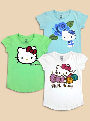 Hello Kitty By Kidsville Girls Graphic Print Pure Cotton T Shirt(Multicolor, Pack of 3)