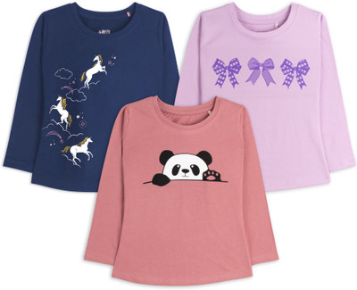 Ariel Girls Printed Pure Cotton Regular T Shirt(Multicolor, Pack of 3)