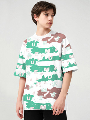 TRIPR Boys Printed Cotton Blend Oversized T Shirt(White, Green, Pack of 1)