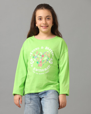 Under Fourteen Only Girls Printed Pure Cotton Regular T Shirt(Green, Pack of 1)