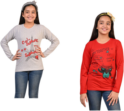 KAYU Girls Printed Pure Cotton Regular T Shirt(Multicolor, Pack of 2)