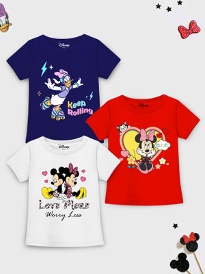 DISNEY BY MISS & CHIEF Girls Graphic Print Cotton Blend Regular T Shirt(Multicolor, Pack of 3)