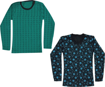 KAVYA Girls Printed Wool Blend Regular T Shirt(Black, Pack of 2)