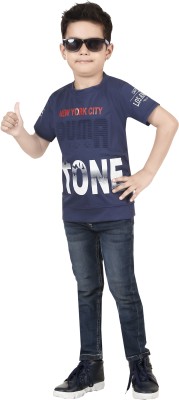 KJD Boys Printed Cotton Blend Regular T Shirt(Blue, Pack of 1)