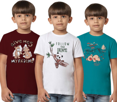 Texman Boys Printed Pure Cotton Regular T Shirt(Multicolor, Pack of 3)