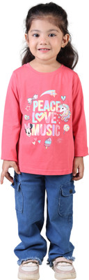 Hubkick Girls Printed Cotton Blend Regular T Shirt(Pink, Pack of 1)