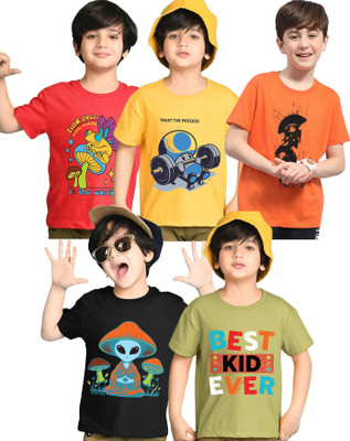 Kiddy Viddy Boys Printed Cotton Blend Regular T Shirt(Green, Yellow, Pack of 5)