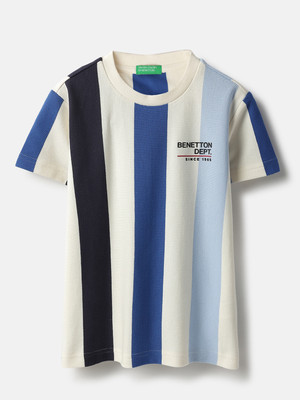 United Colors of Benetton Boys Striped Pure Cotton Regular T Shirt(Blue, Pack of 1)