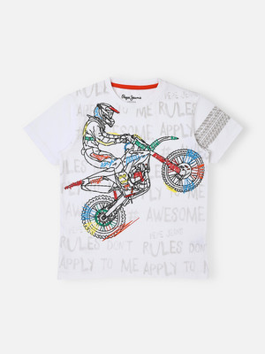 Pepe Jeans Boys Graphic Print Pure Cotton Regular T Shirt(White, Pack of 1)